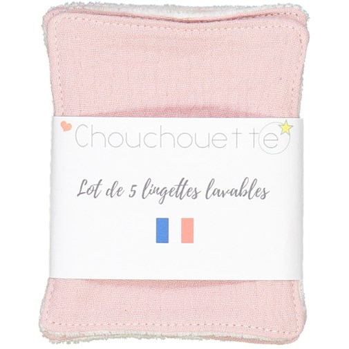 Lot de 5 lingettes lavables - Gaze de coton Rose - Fabriqué en France