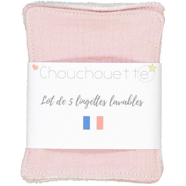 Lot de 5 lingettes lavables - Gaze de coton Rose - Fabriqué en France 2