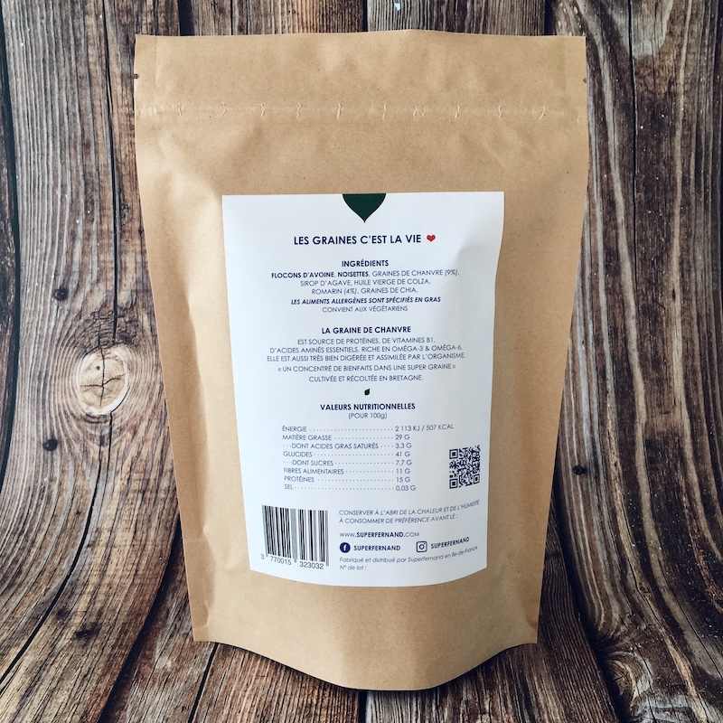 1 paquet de granola bio aux graines de chanvre romarin/noisette 350g verso