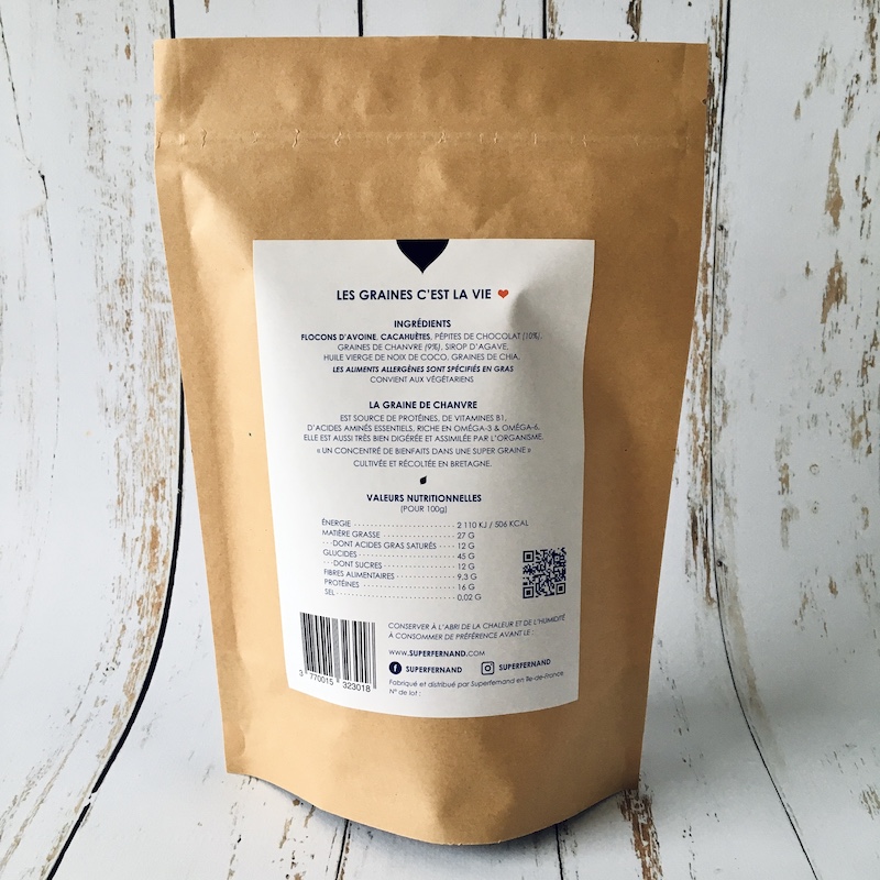 1 paquet de granola bio aux graines de chanvre chocolat/cacahuète 350g verso