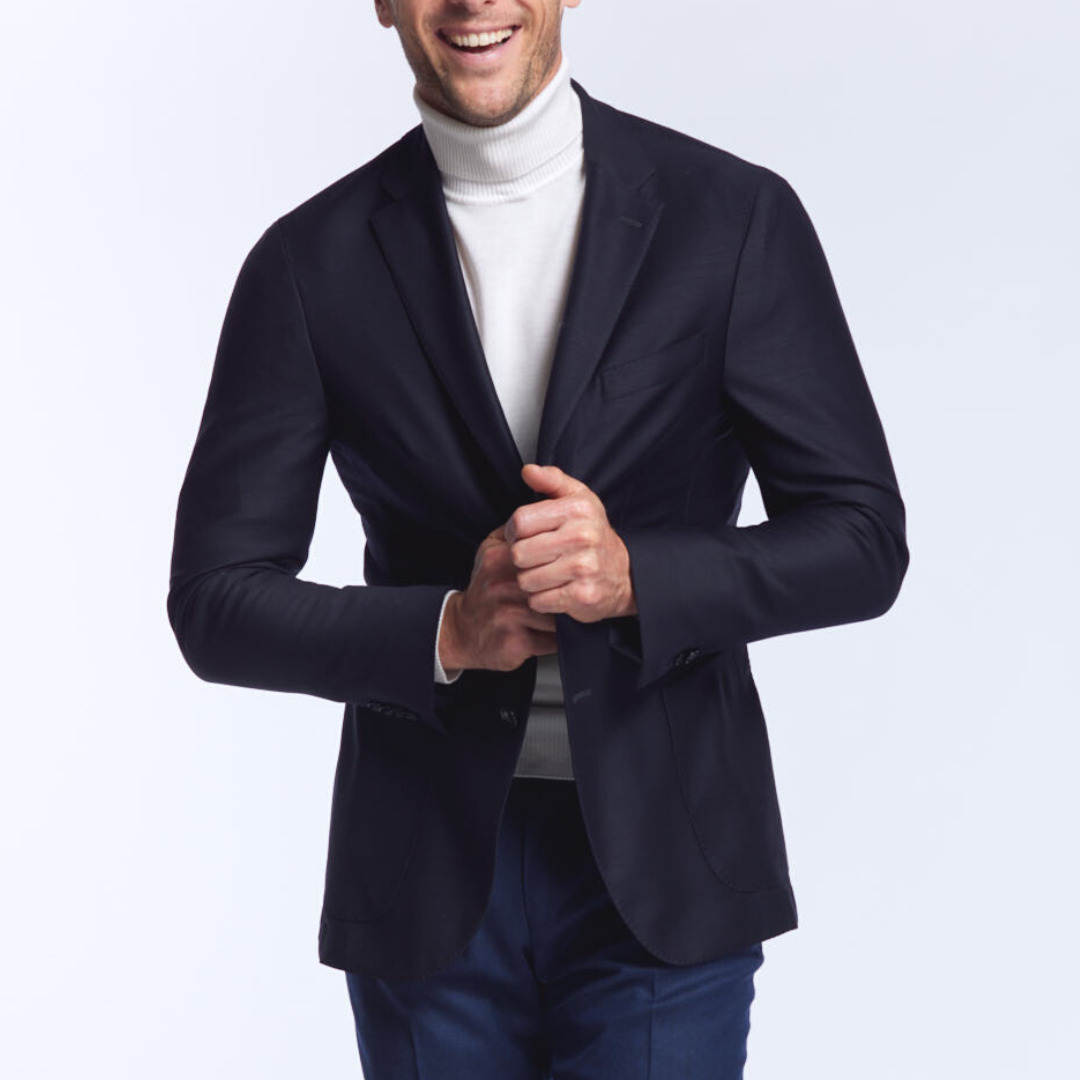 blazer Gianni en laine merinos micro tricotée bleu nocturne Wolbe