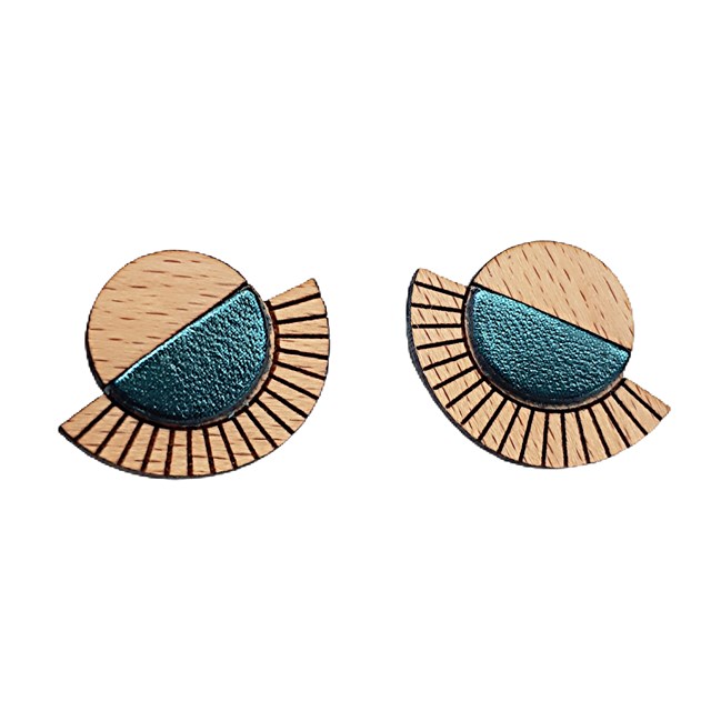 Puces d'oreilles en bois et cuir AZTÈQUE Bleu pétrole 6