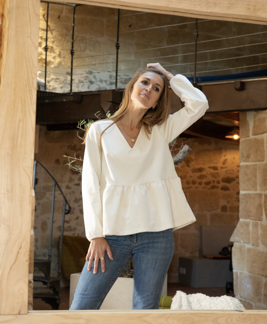 Blouse écru en velours cotelé en coton biologique GOTS made in France petit créateur