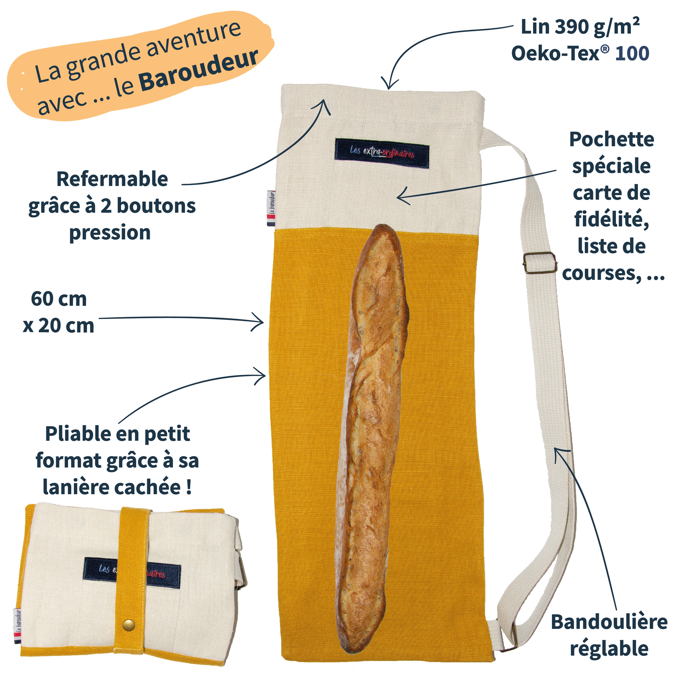 Sac à pain en lin - Le Baroudeur - Jaune miel 6