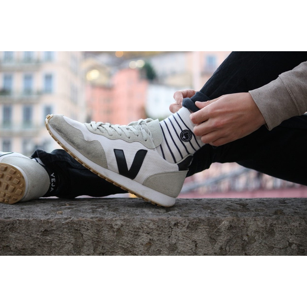 Les chaussettes basses rayées en coton BIO | Blanc/bleu 7