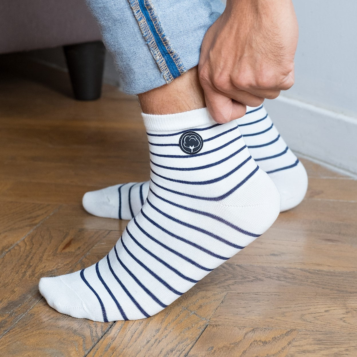 Les chaussettes basses rayées en coton BIO | Blanc/bleu 8