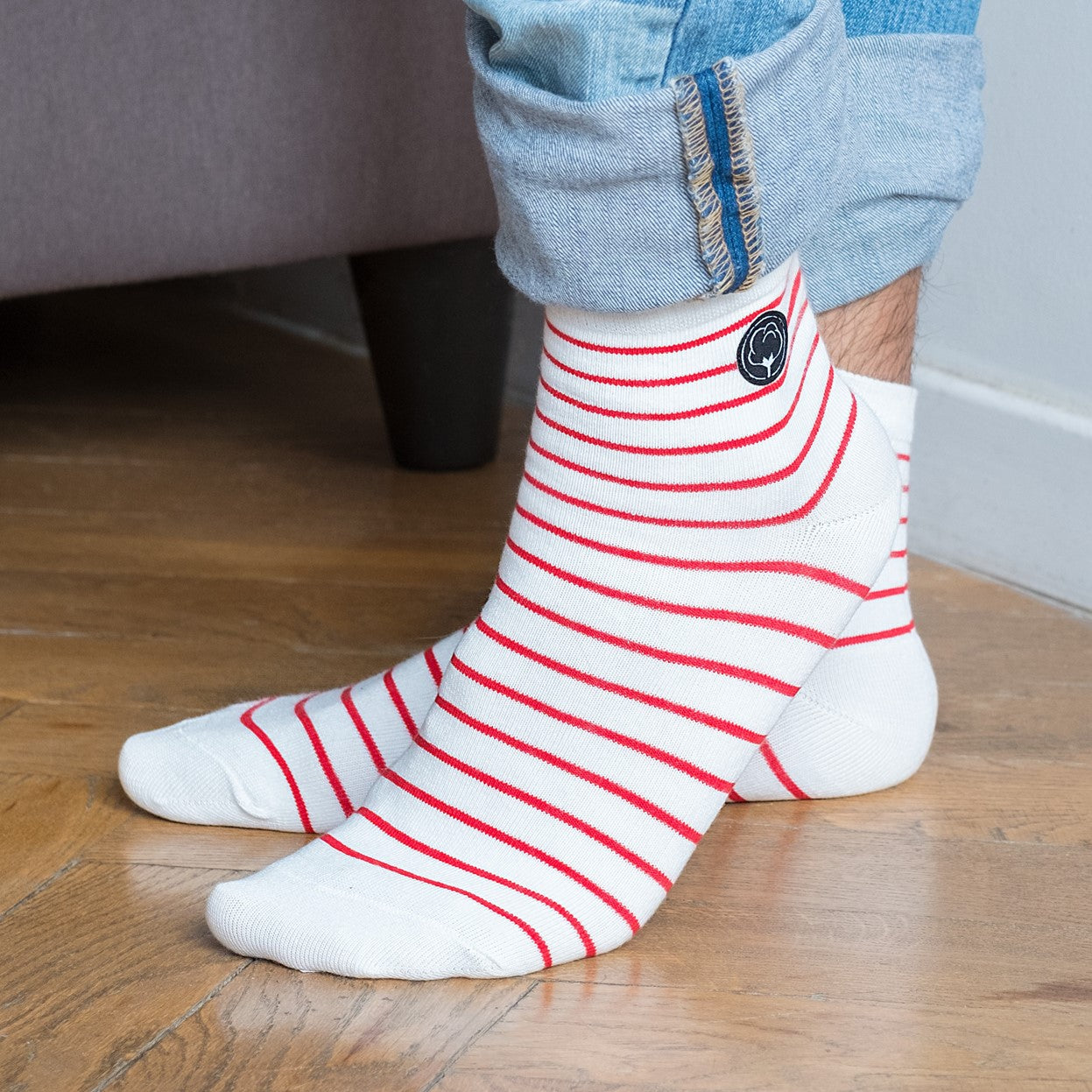 Les chaussettes basses rayées en coton BIO | Blanc/rouge 5