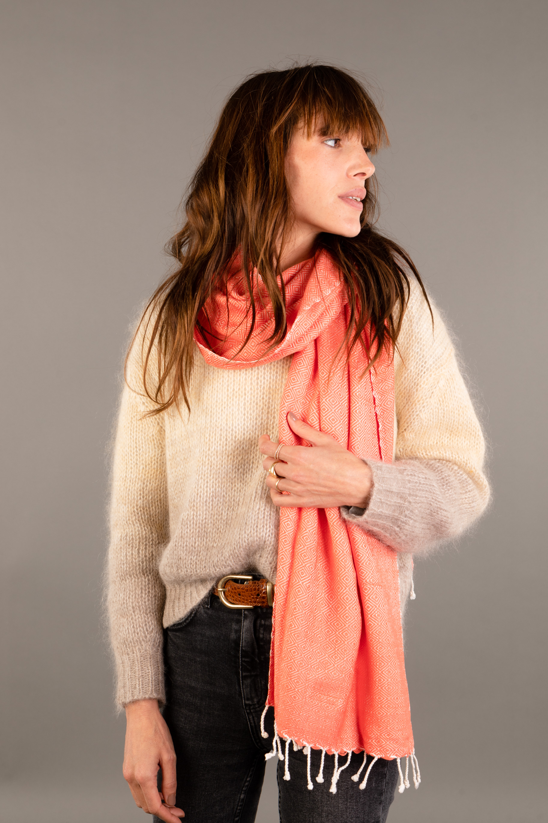 Le Grand Krama Chaud Epais Orange Corail 3