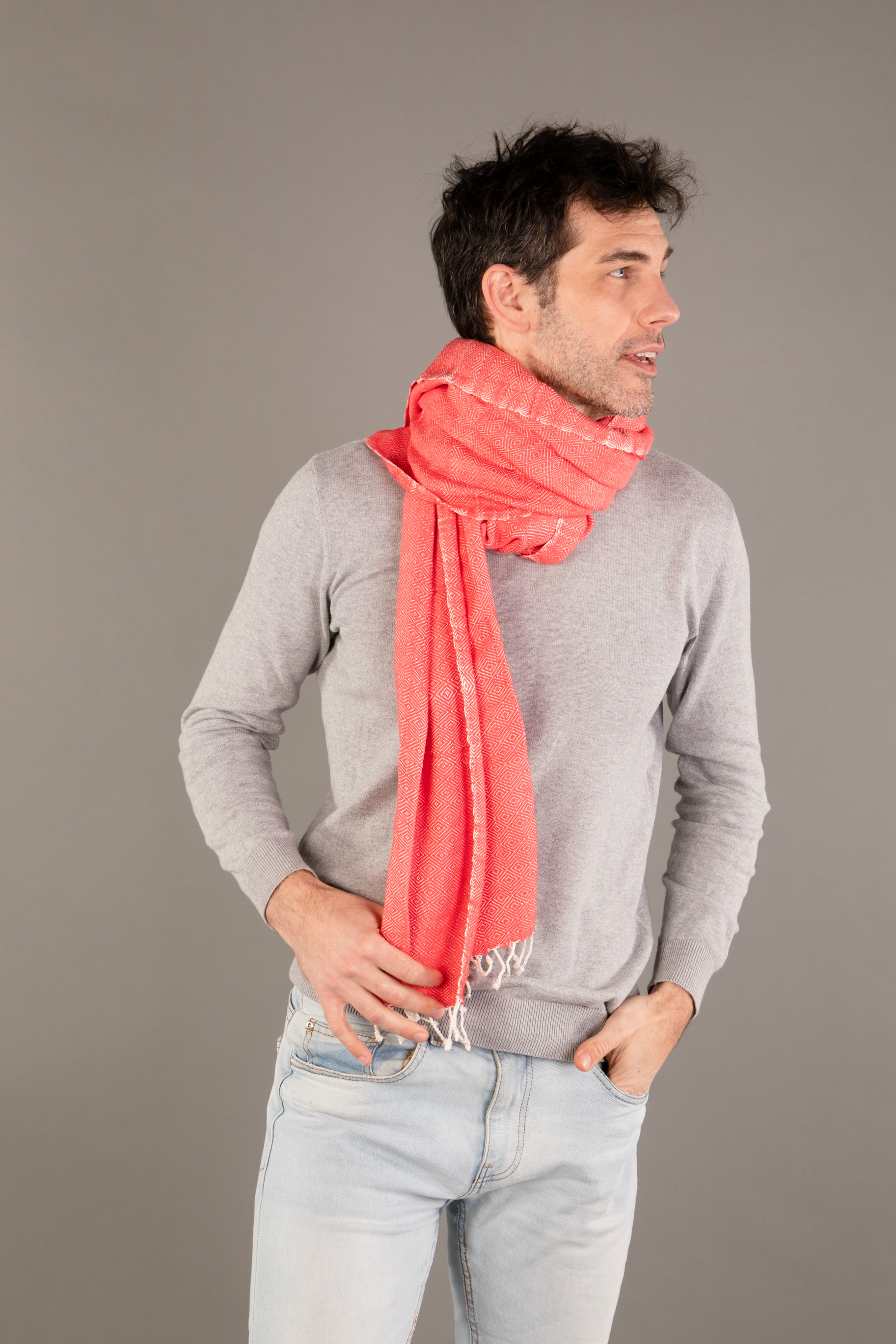 Le Grand Krama Chaud Epais Orange Corail 5