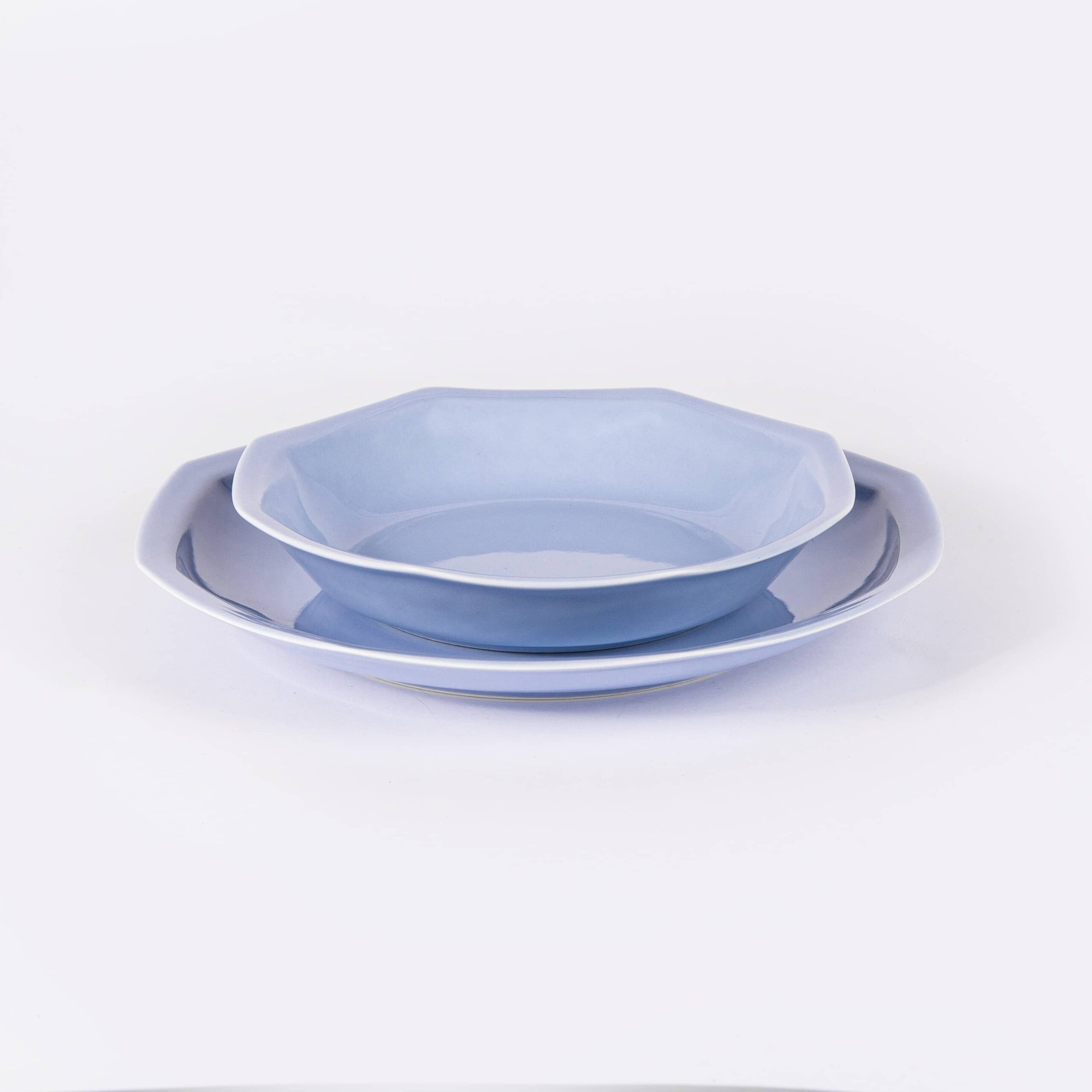 duo assiette creuse octogonale en porcelaine bleu clair