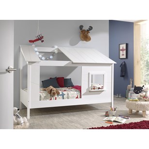 Lit cabane enfant 90x200 avec fenêtre et toit LYNN - Blanc