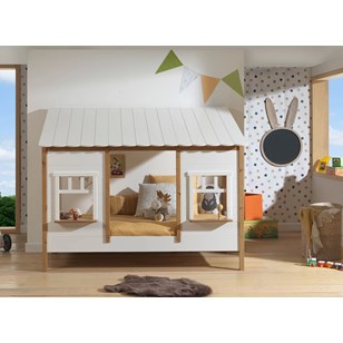 Lit cabane enfant 90x200 avec 2 fenêtres et toit BELLA - Blanc/Bois