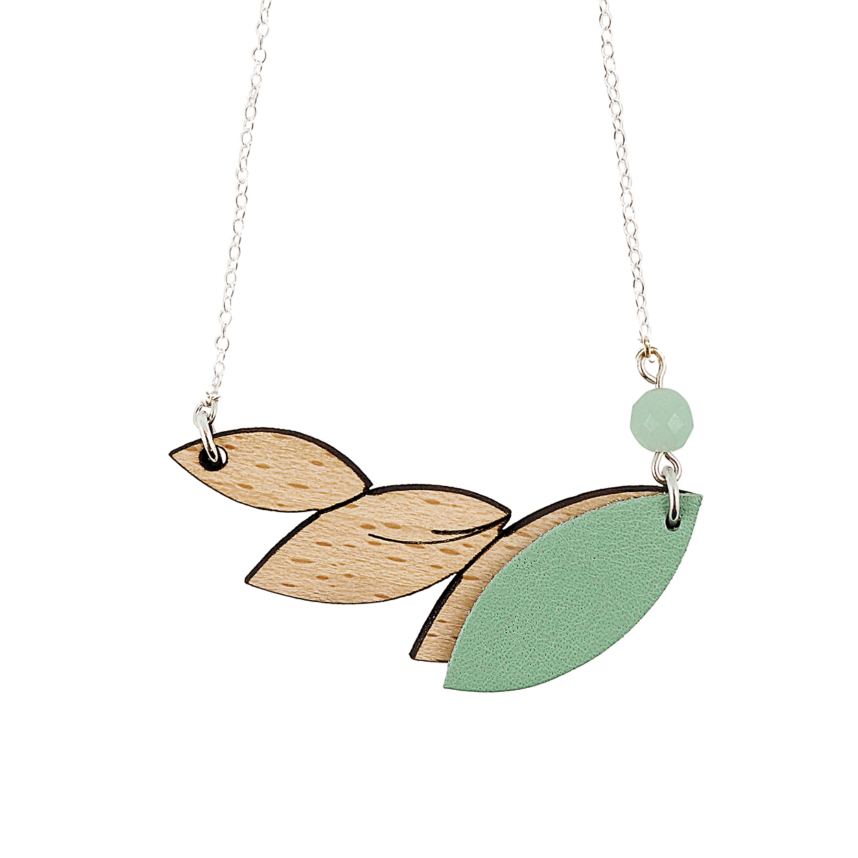 Collier en bois et cuir PLUME Menthe 3