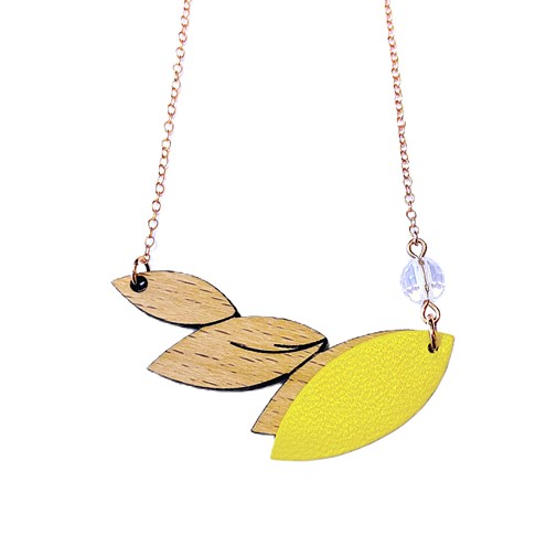 Collier en bois et cuir PLUME Jaune