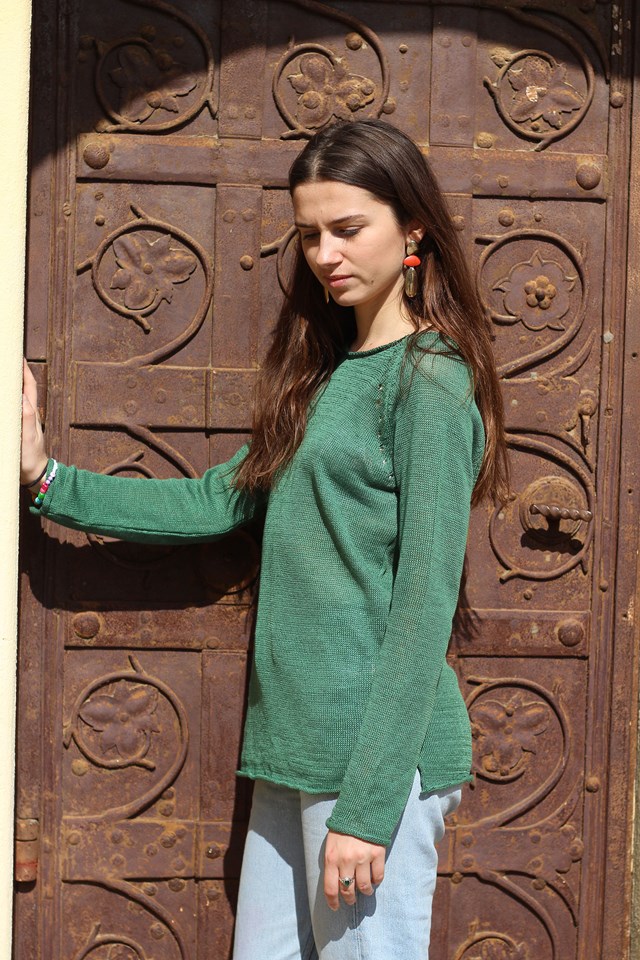 Pull Oseille col bateau 100% lin, Made in France - VERT JUNGLE 17
