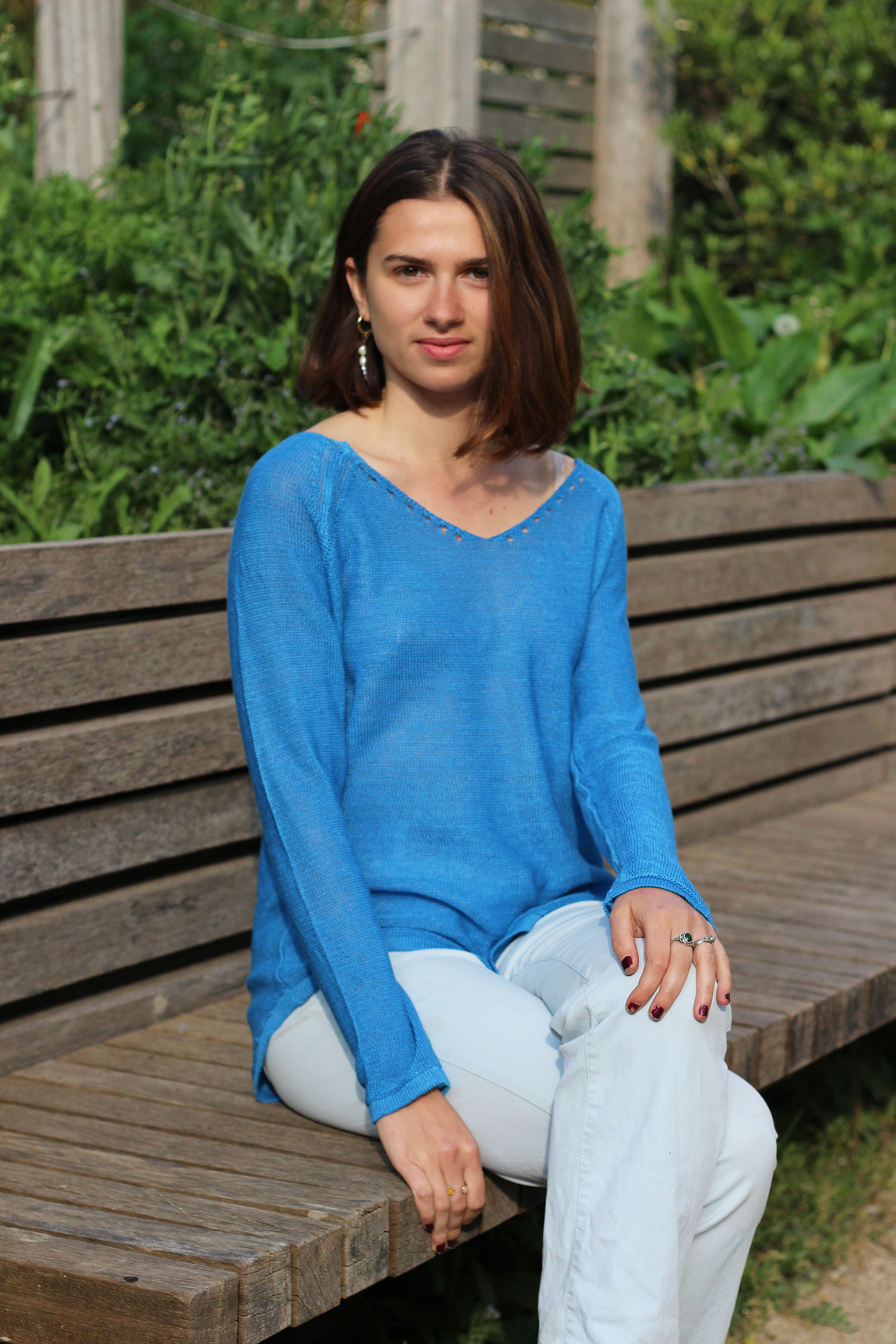 Pull persil col V 100% lin  -BLEU ROY - 100% Made in France 10