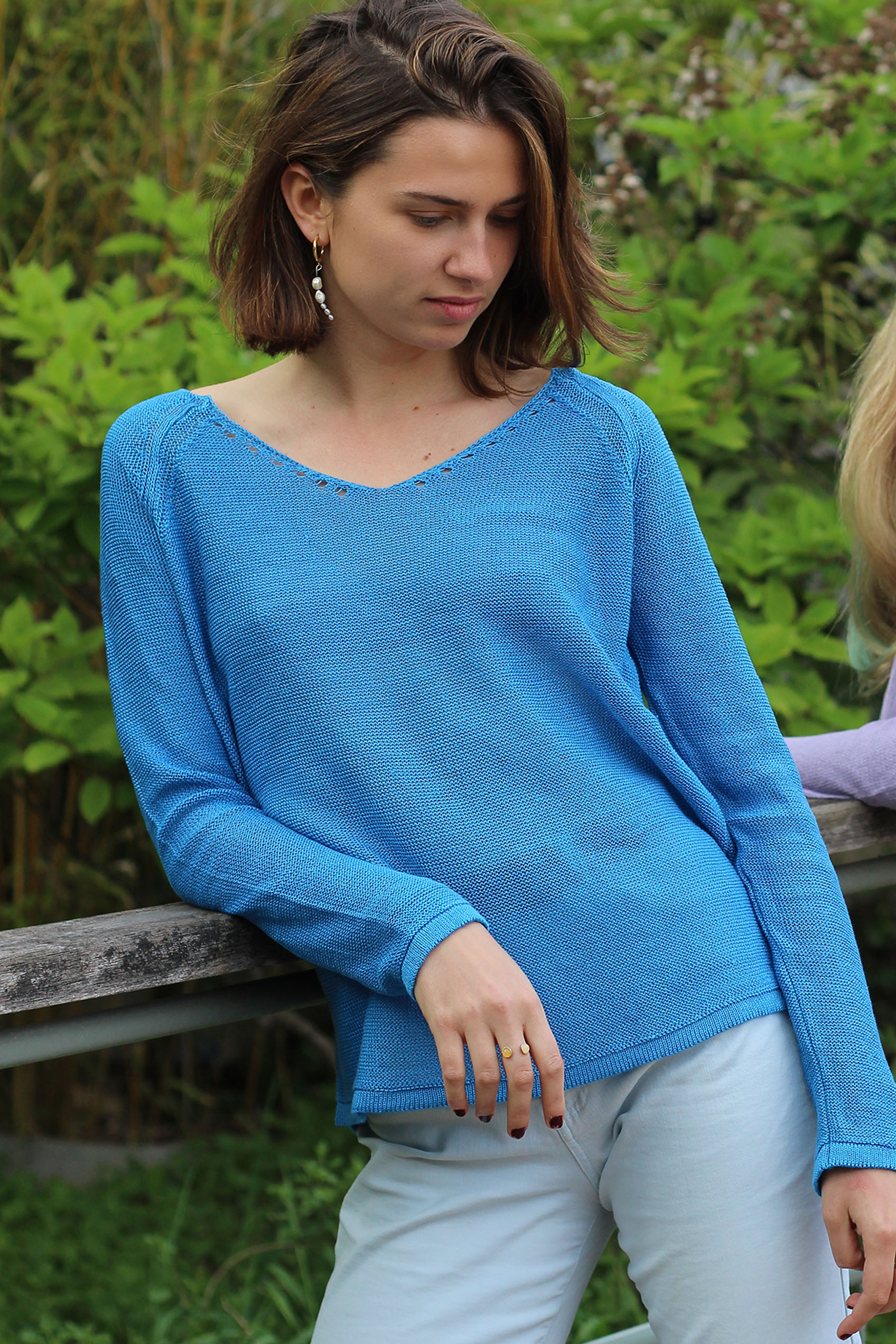 Pull persil col V 100% lin  -BLEU ROY - 100% Made in France 8