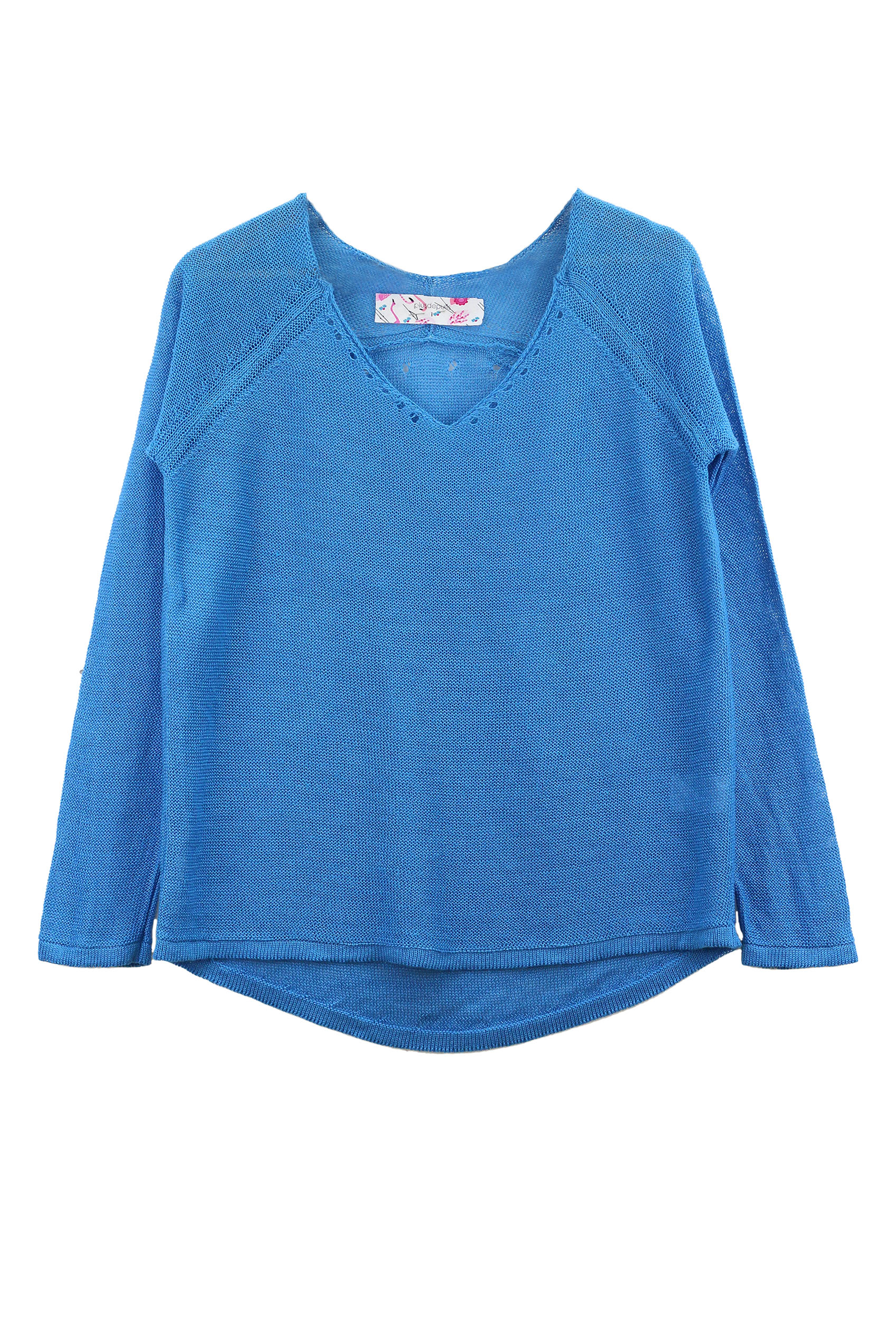 Pull persil col V 100% lin  -BLEU ROY - 100% Made in France 4