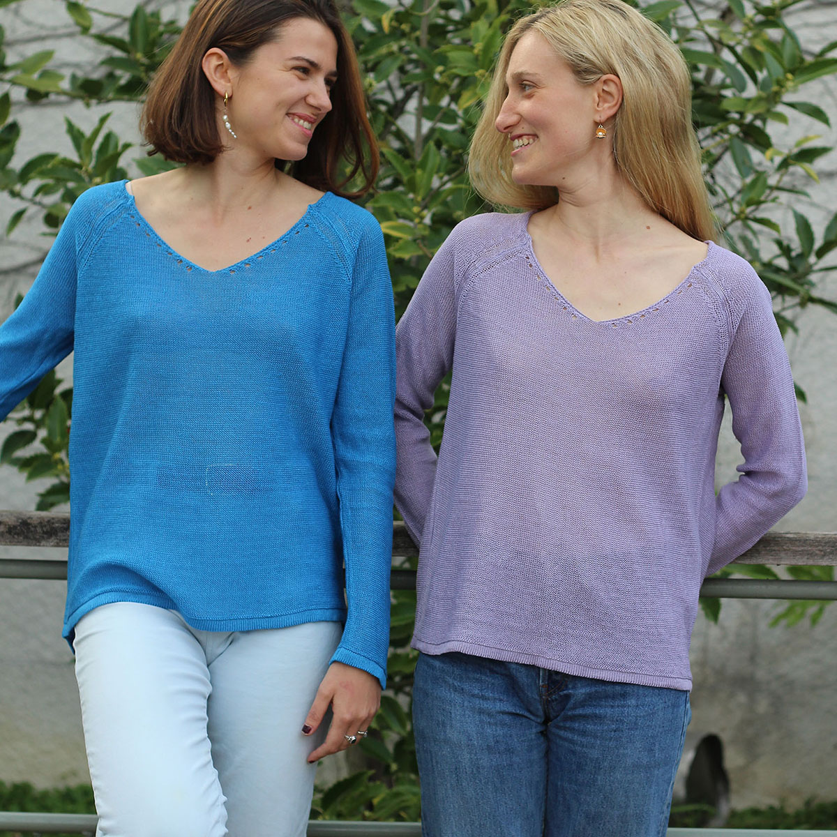 Pull persil col V 100% lin  -BLEU ROY - 100% Made in France 15