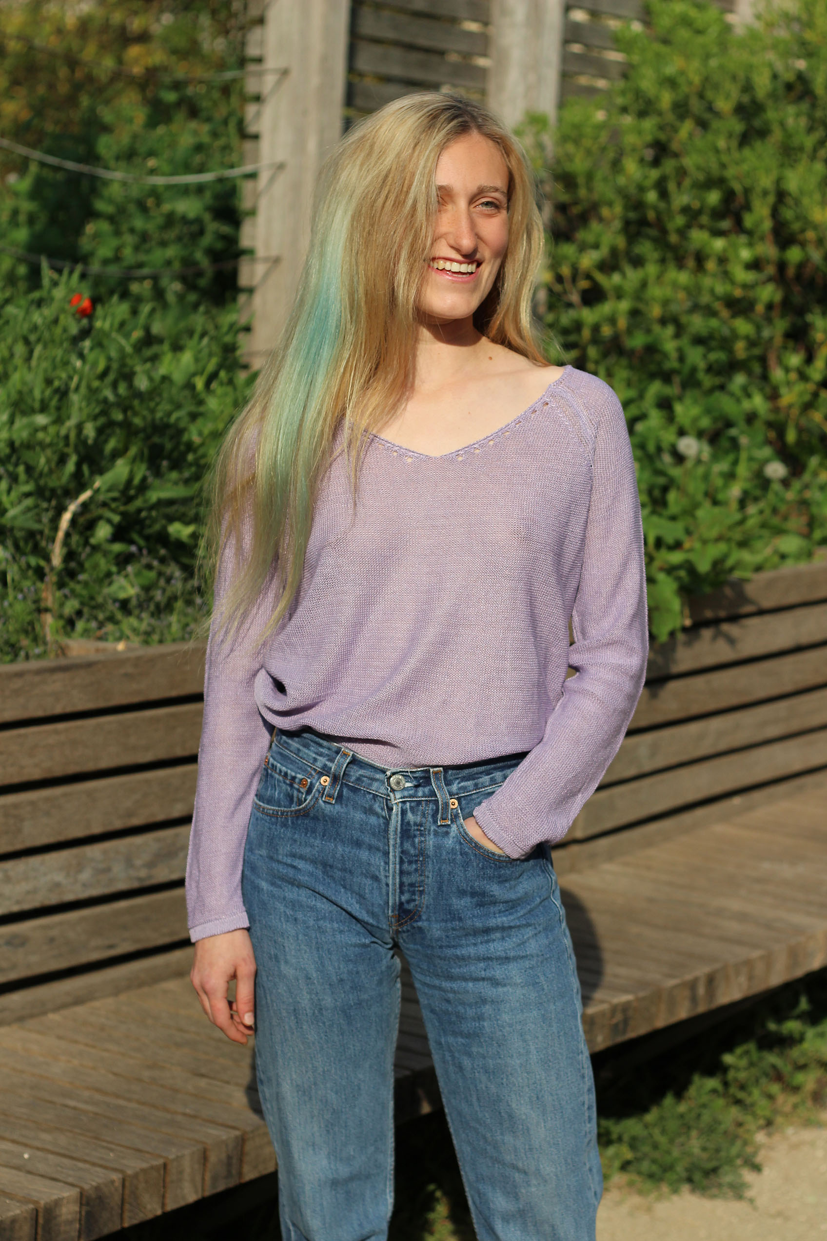 Pull persil col V 100% lin  -BLEU ROY - 100% Made in France 13