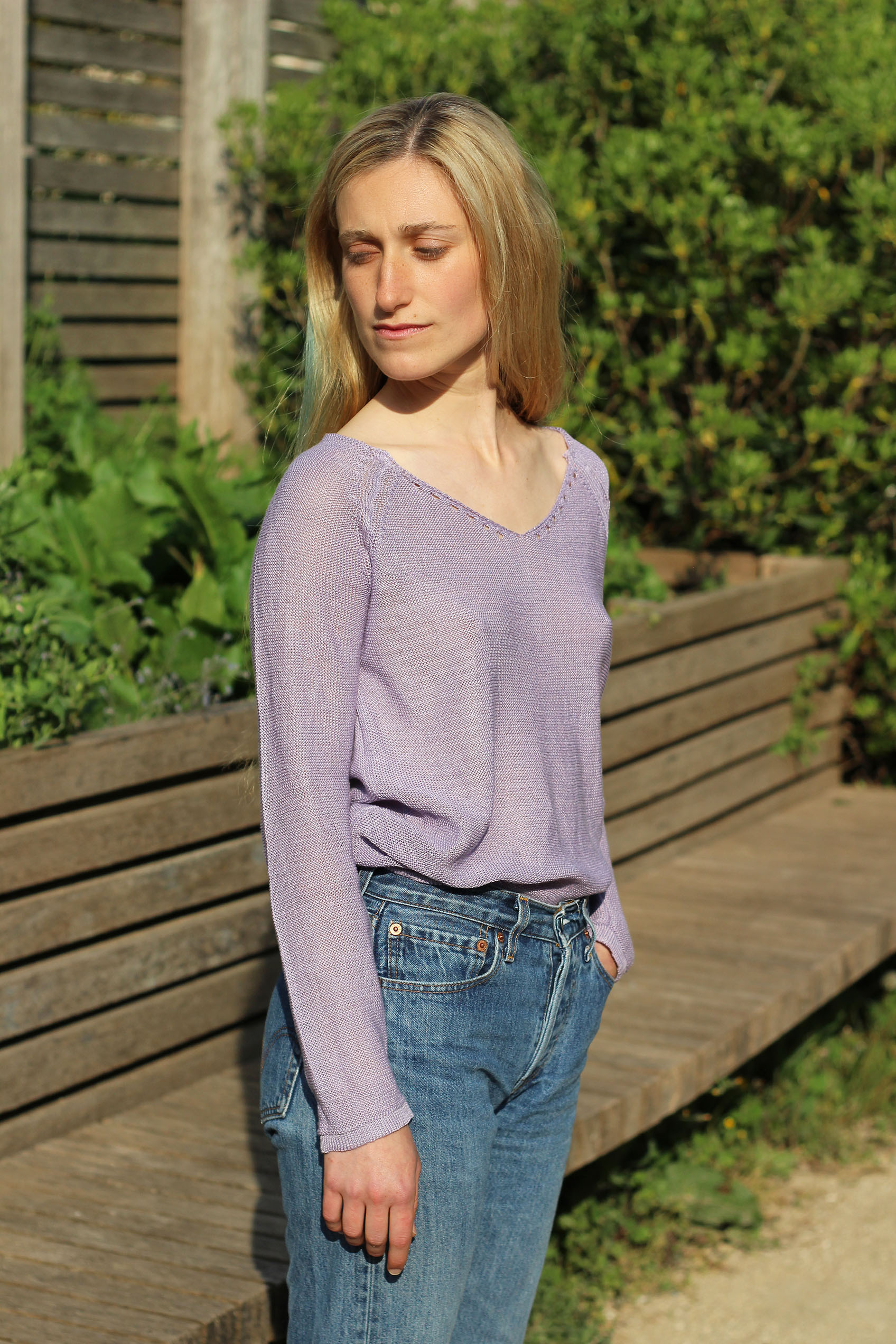 Pull persil col V 100% lin  -BLEU ROY - 100% Made in France 14