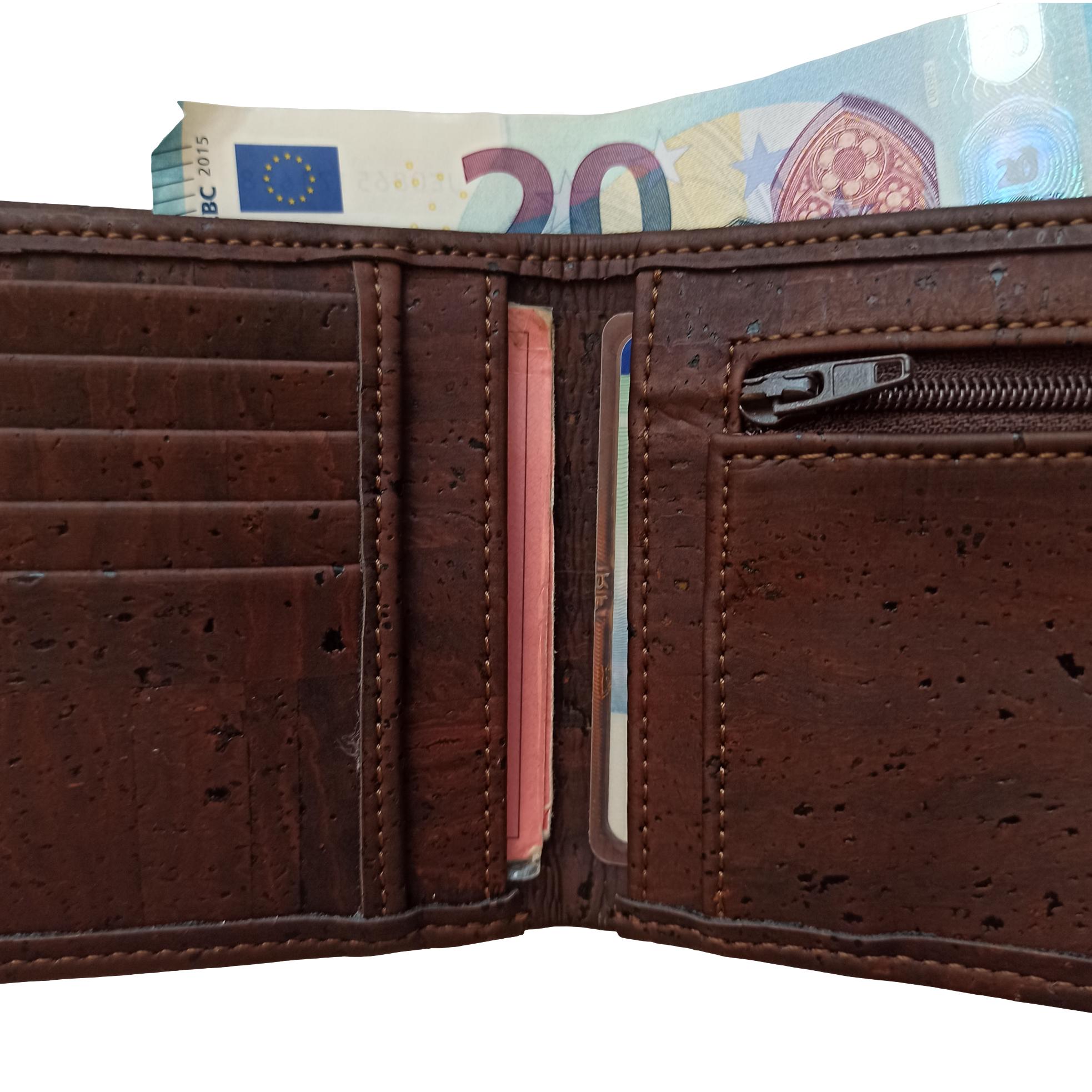 Portefeuille en liège marron avec zip, Roman 16