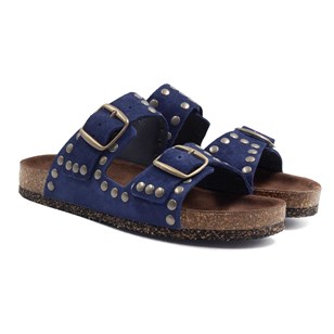 Mules liège cloutées cuir daim bleu