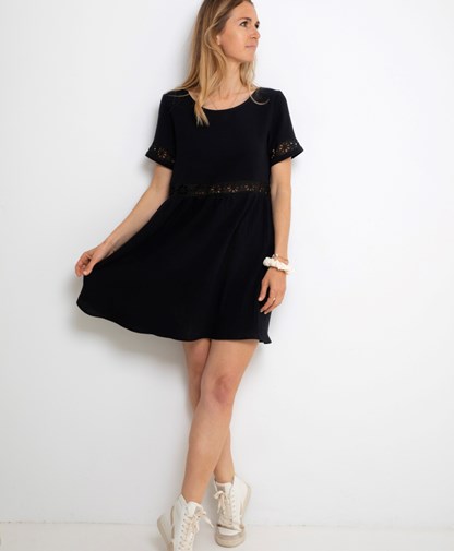 Robe noire broderie anglaise en gaze de coton biologique GOTS - Robine