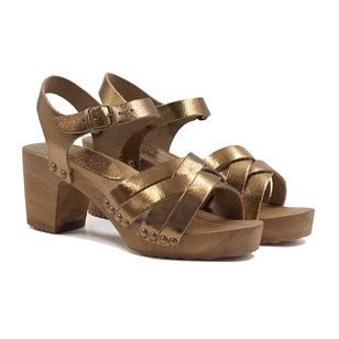 Sandales talon bois cuir métallisé bronze