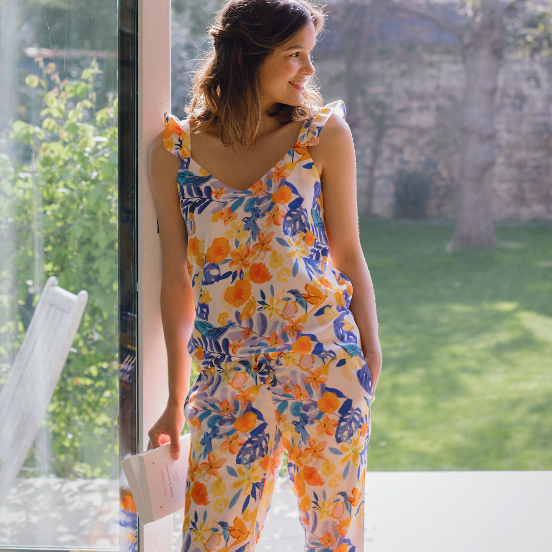 Nêge Paris - Pantalon jour nuit bleu orange en 100% tencel lyocell certifié oeko-tex