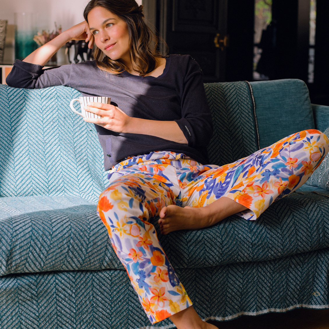 Nêge Paris - Pantalon jour nuit bleu orange en 100% tencel lyocell certifié oeko-tex