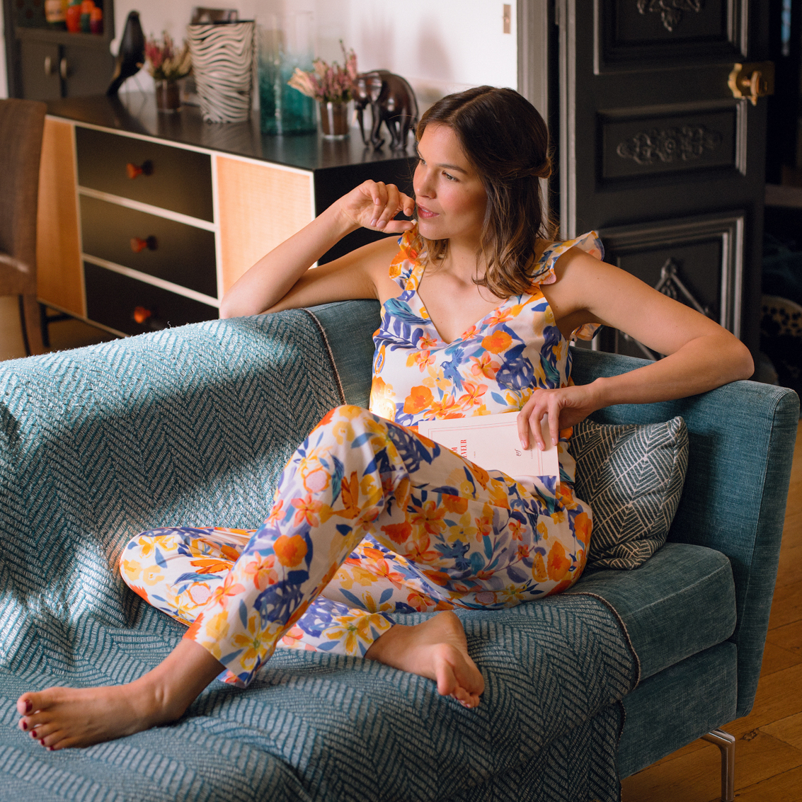 Nêge Paris - Pantalon jour nuit bleu orange en 100% tencel lyocell certifié oeko-tex