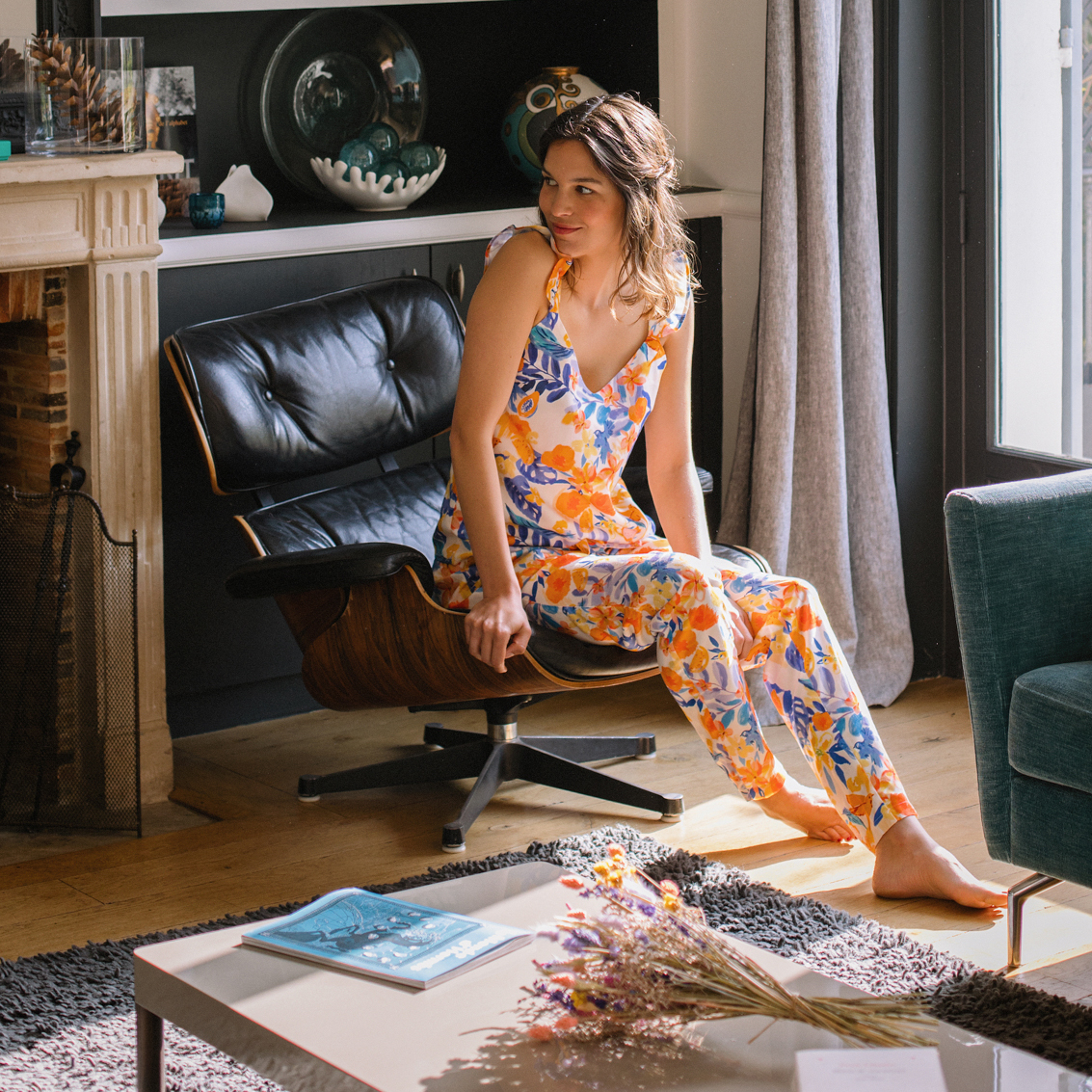 Nêge Paris - Pantalon jour nuit bleu orange en 100% tencel lyocell certifié oeko-tex