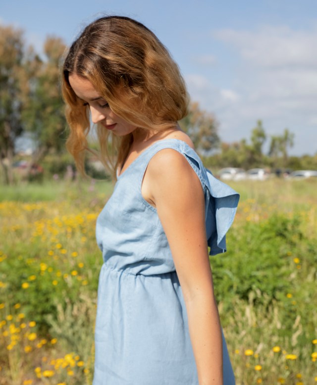 Robe Bleu ciel - 100% Lin - Mathilde semi-mesure
