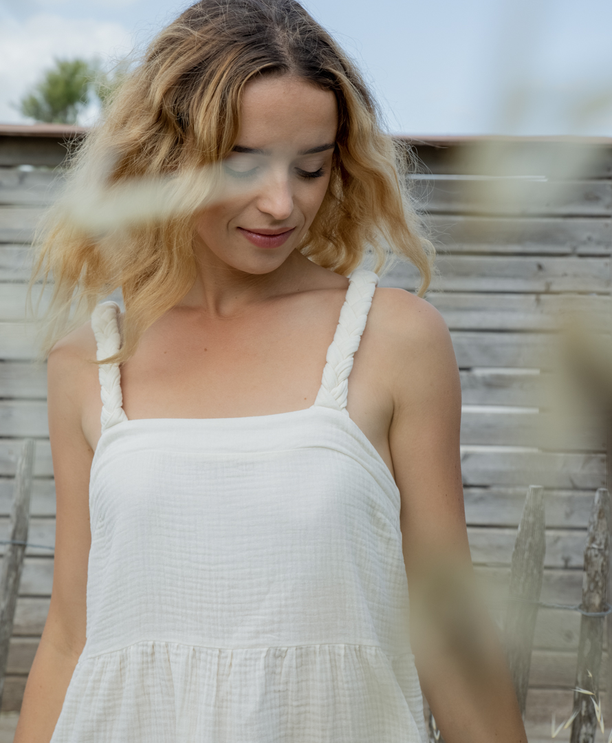 Robe écrue unie double gaze de coton biologique GOTS made in France