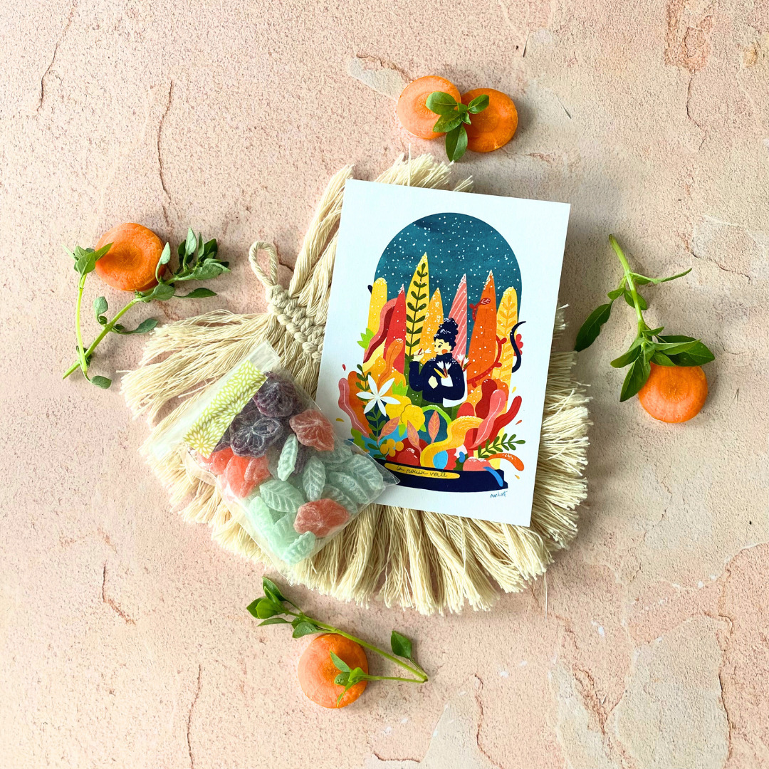 illustration et bonbons fleuris les petits curieux