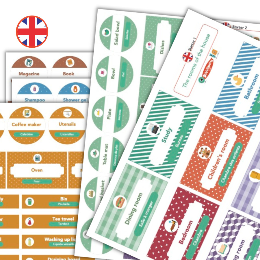 5 planches de 88 AUTOCOLLANTS pédagogiques AMOVIBLES en anglais