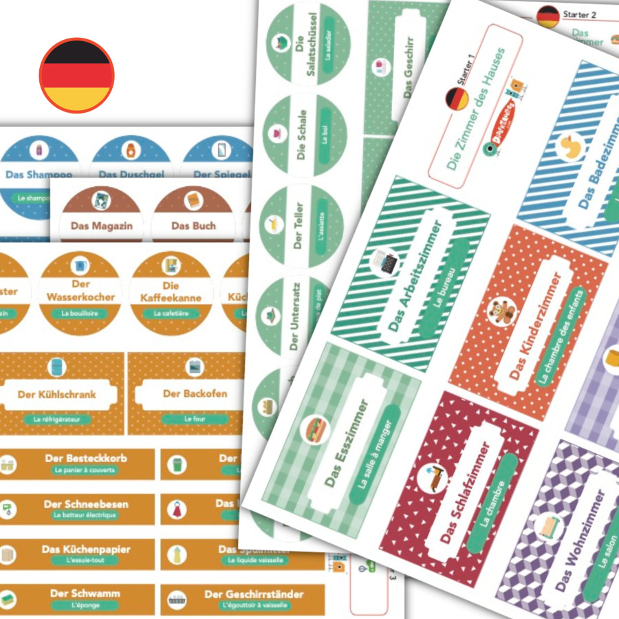 5 planches de 88 AUTOCOLLANTS pédagogiques AMOVIBLES en allemand