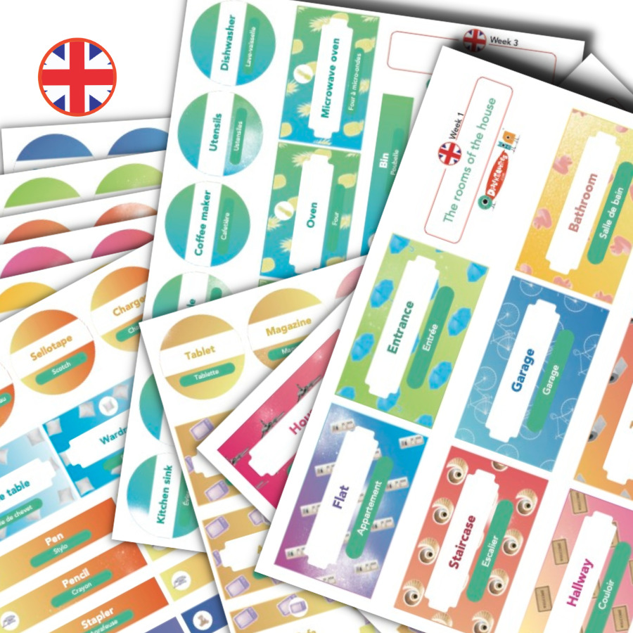 5 planches de 196 AUTOCOLLANTS pédagogiques AMOVIBLES en anglais