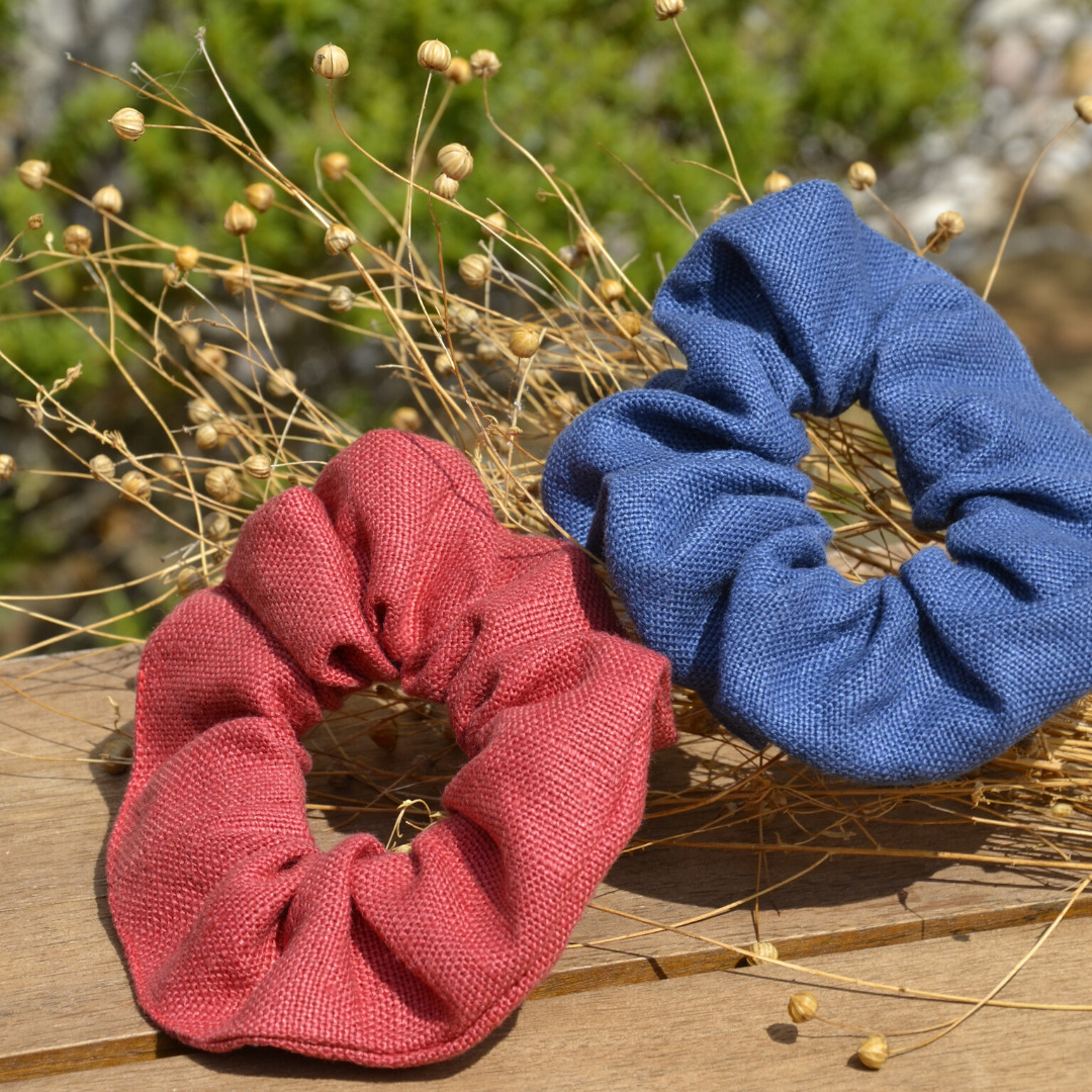 Duo de chouchous en lin rouge et bleu