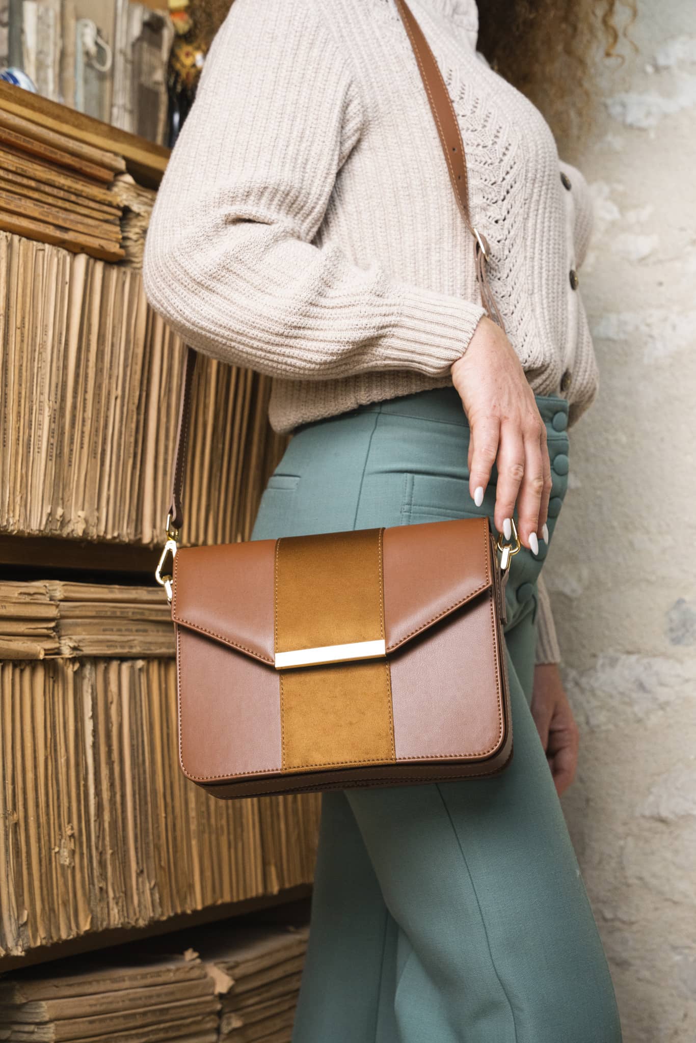 sac à bandoulière camel recyclé