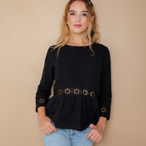 Blouse noire broderie anglaise en gaze de coton biologique GOTS - Robine