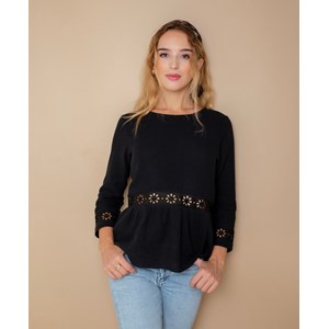 Blouse noire broderie anglaise en gaze de coton biologique GOTS - Robine