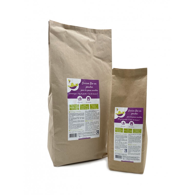 lessive bio à partir d'huile vétégale francaise, format 750 gr ou 3 kg