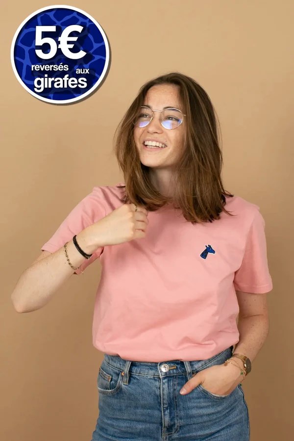 T-shirt coton bio brodé rose - girafon bleu 2