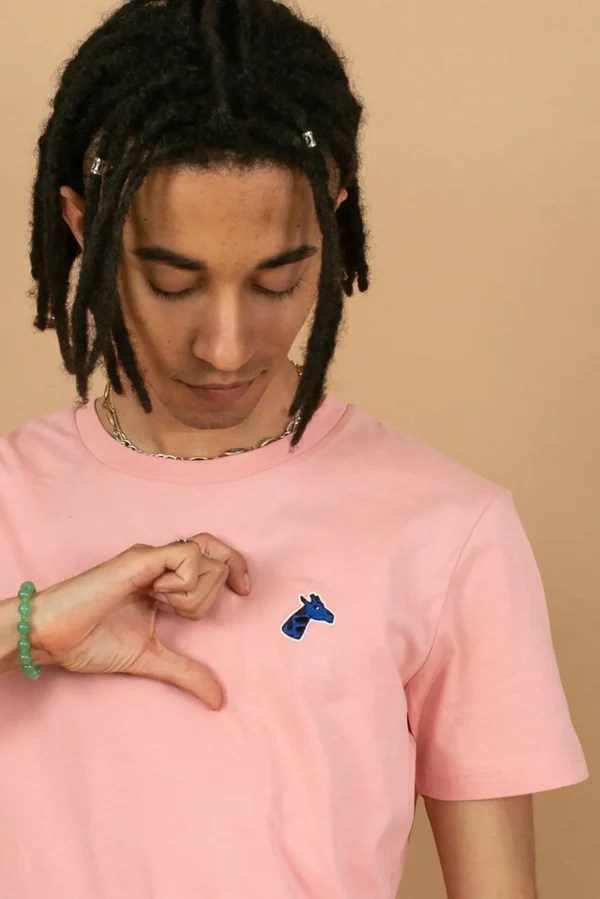 T-shirt coton bio brodé rose - girafon bleu 4