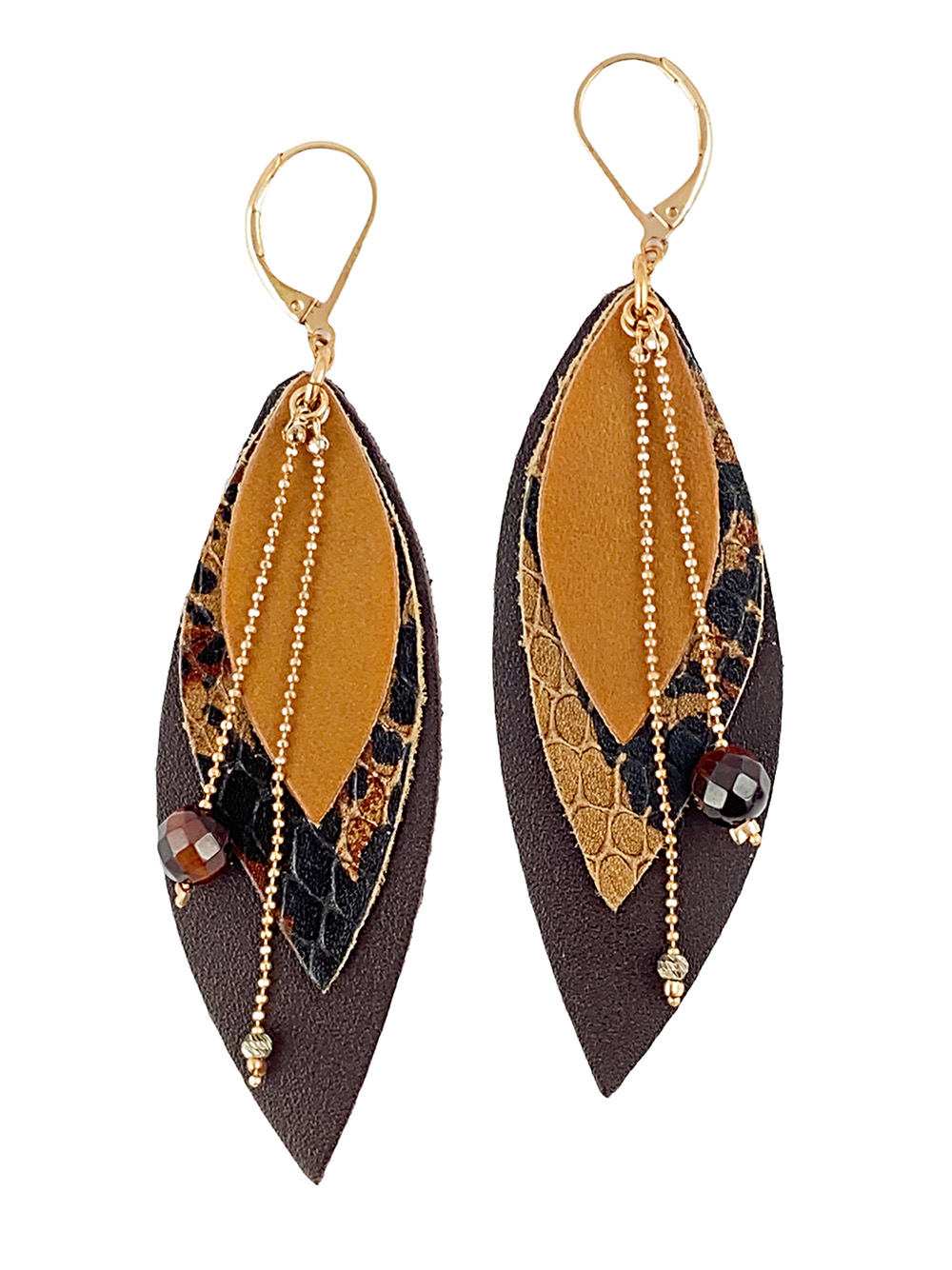 Boucles d'oreilles POP Caramel en cuir et pierres fines 4