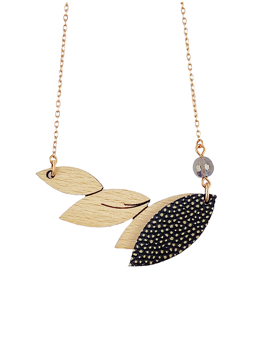 Collier en bois et cuir PLUME Olive 4