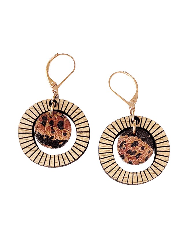 Boucles d'oreilles en bois et cuir BULLE Caramel 4