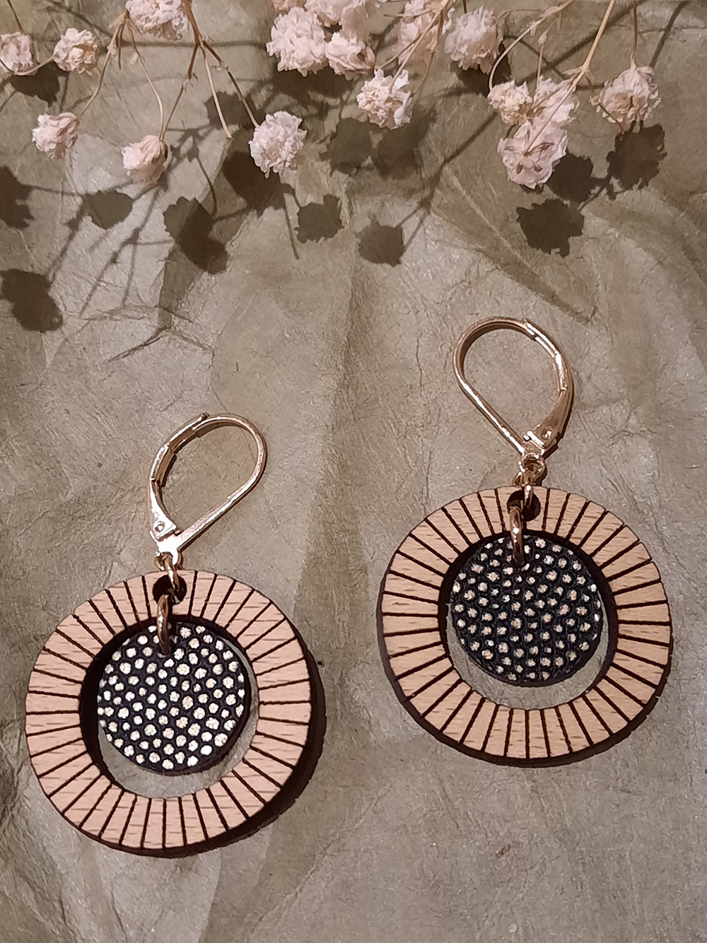 Boucles d'oreilles en bois et cuir BULLE Olive 4